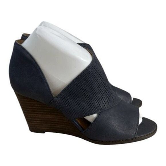 Lucky Brand Jedrek Women Wedge Boots Size 7.5 Leather Blue Heel Zip Peep Toe - Picture 2 of 12